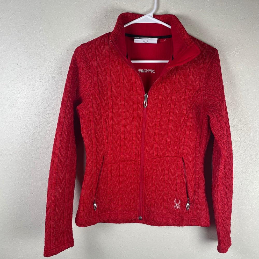 Spyder Womens Core Sweater‎ Full Zip Jacket Red Cable Knit Fleece Lined